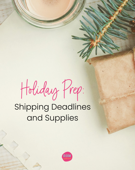 a brown paper package with piece of pine and the title holiday prep shipping deadlines and supplies
