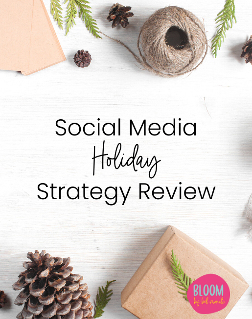 Pine cones and packages surrounding the words Social Media Holiday Strategy Review