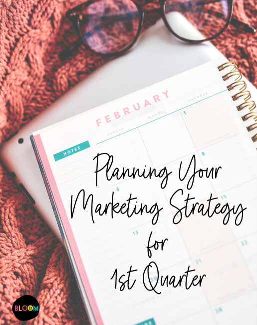 Pink knit background with a calendar showing February on it with the words Planning your marketing strategy for 1st quarter