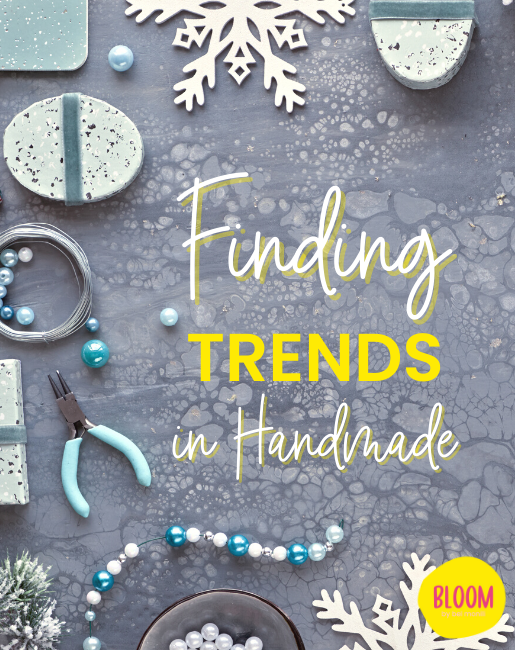 Gray worktop with blue and white beads and jewelers tools with title Finding Trends in Handmade