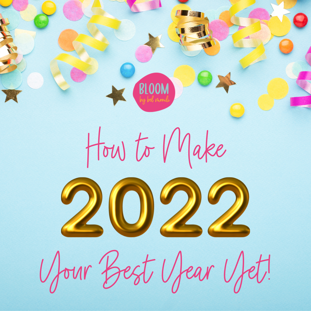 Confetti on blue background with title how to make 2022 your best year yet