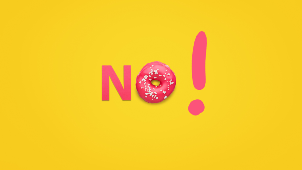 the word no with a donut replacing the letter o
