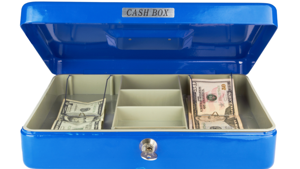 blue cash box with cash inside