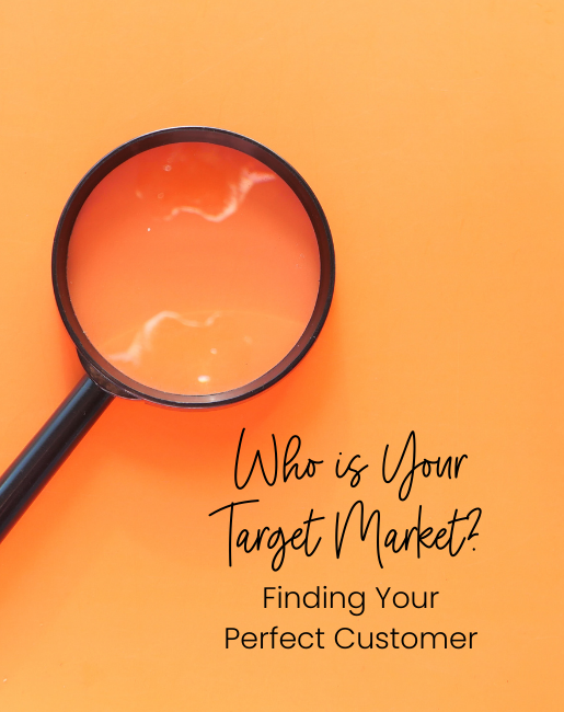 Magnifying glass on orange background with title who is your target market? finding your perfect customer
