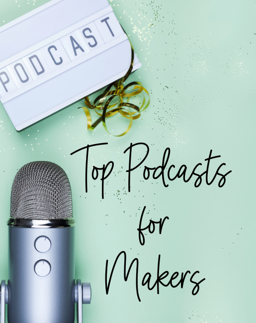 Top Podcasts for Makers Title Image with microphone and sign that says podcast