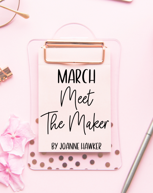 Pink clipboard with title March Meet the Maker by Joanne Hawker