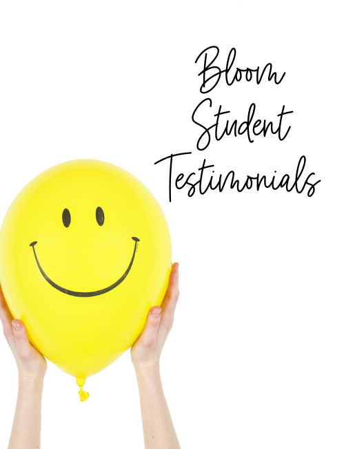 A happy face on a yellow balloon held by two hands with title bloom student testimonials