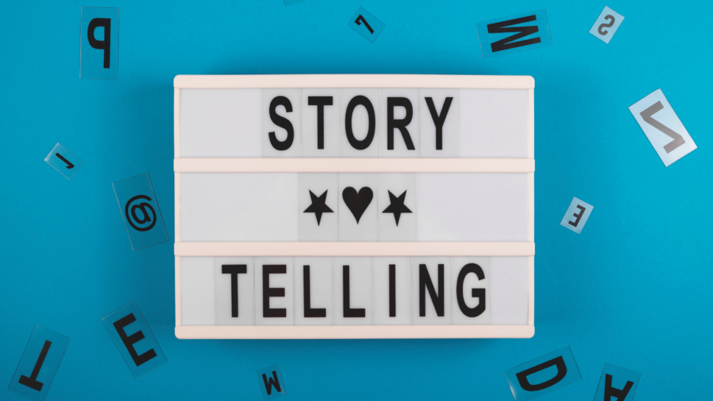 letterboard that says storytelling on blue background