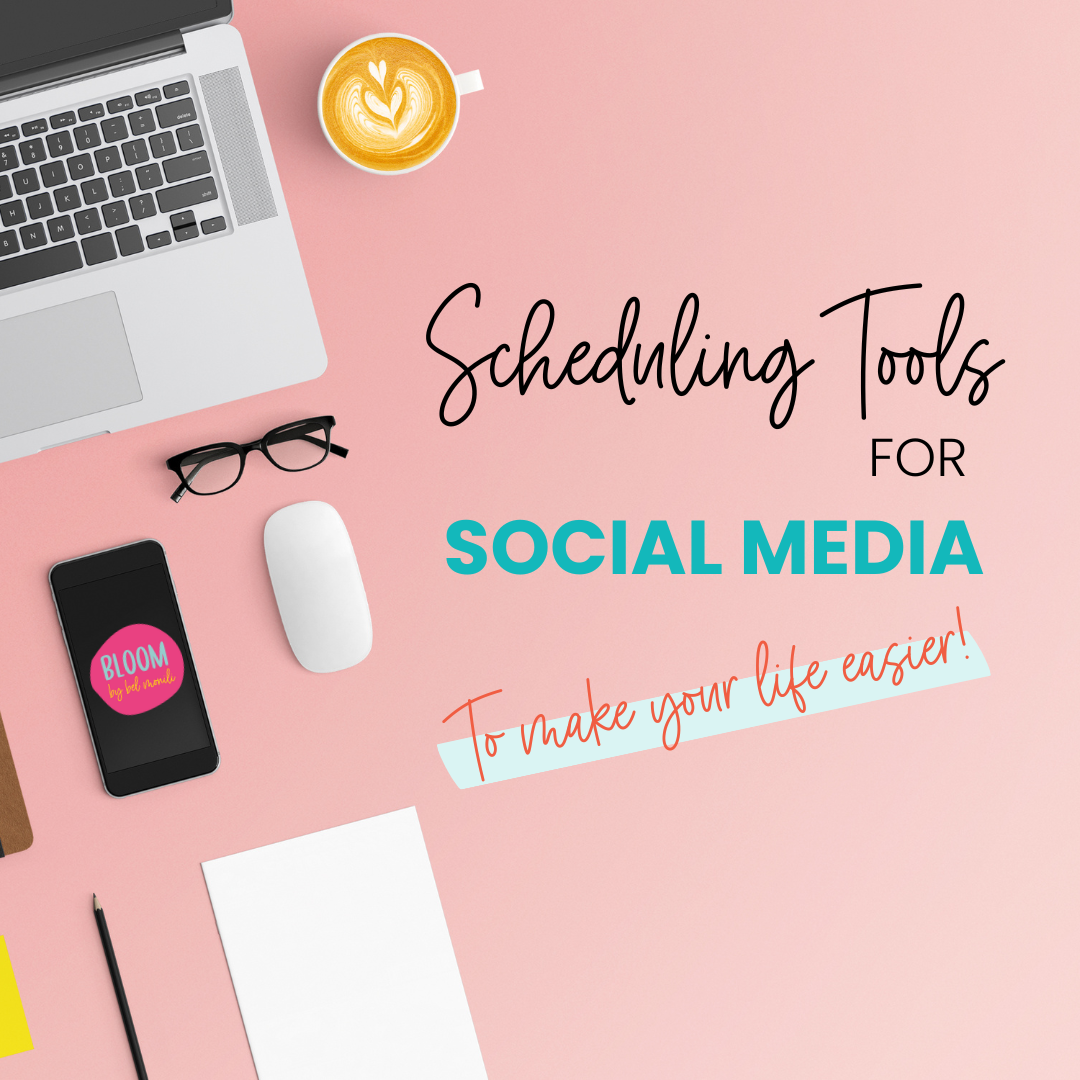 pink desktop with laptop and phone and title Scheduling tools for social media