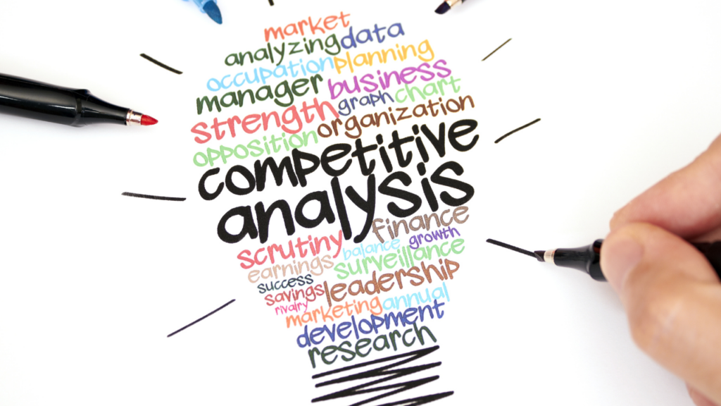 competitive research graphic with words surrounding it such as business, strength, scrutiny, finance